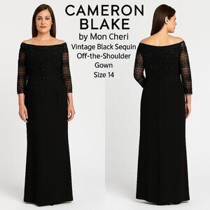 Black Beaded Lace Gown Mother of the Bride Cameron Blake Mon Cheri Size 14